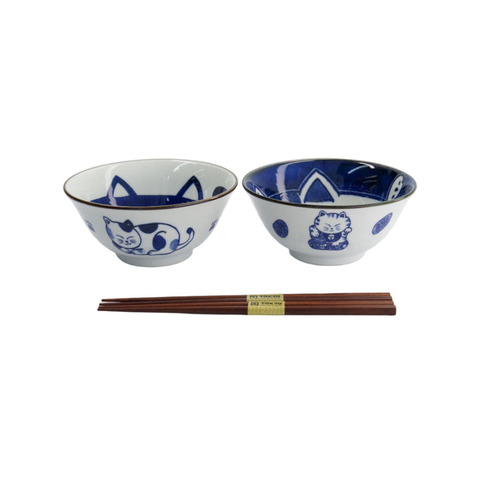 Td Kawaii Cat Neko Bowl 2Pc With Chopsticks Blue Cat Gift Boxed