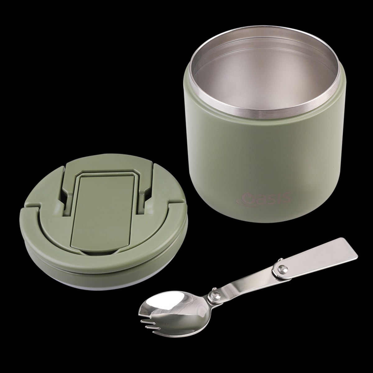 Oasis S/s Double Wall Ins. Food Flask W/ Quick Release Lid & Spork 550ml (olive Green)