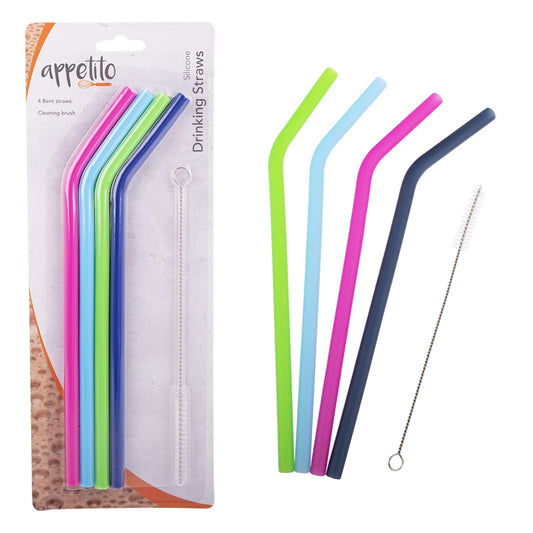 Appetito Silicone Bent Reusable Drinking Straw Set Of 4 W/ Brush Food Grade
