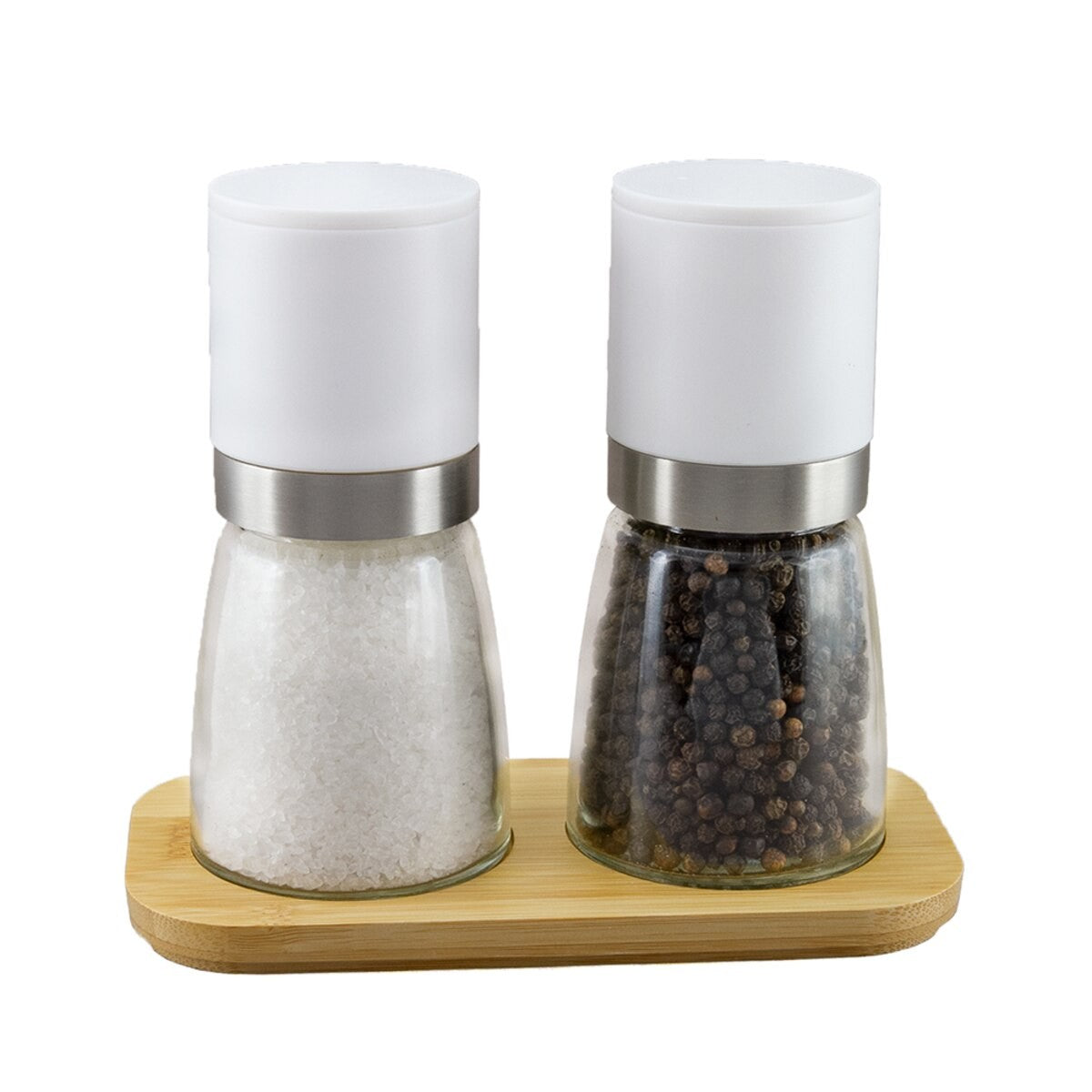Lotus Upside-Down Mill Box Set (White) 13.5Cm ~ Black Pepper (65G) & Aust. Sea Salt (180G) Bamboo Tray