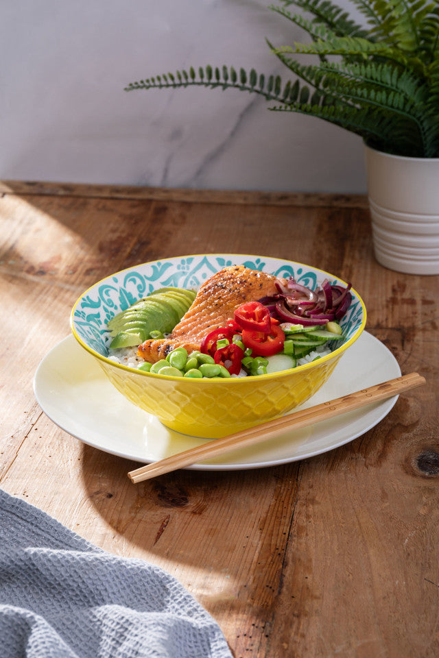 MIKASA YELLOW AND BLUE GEOMETRIC RAMEN BOWL 21CM