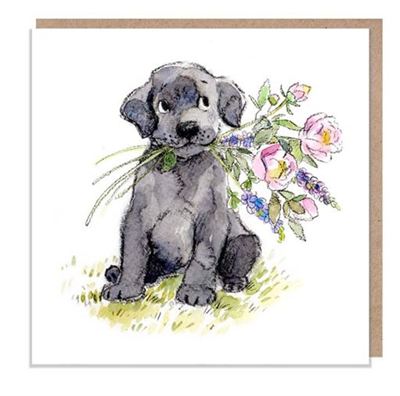 Black Labrador with Flowers CARD