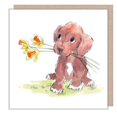 Brown Puppy with Daffodils CARD