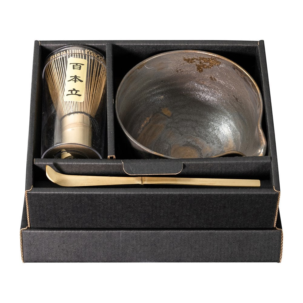 Omotenashi Black And Gold Yukiagari Spout Matcha Bowl With Whisk Gift Set