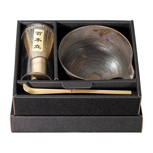 Omotenashi Black And Gold Yukiagari Spout Matcha Bowl With Whisk Gift Set