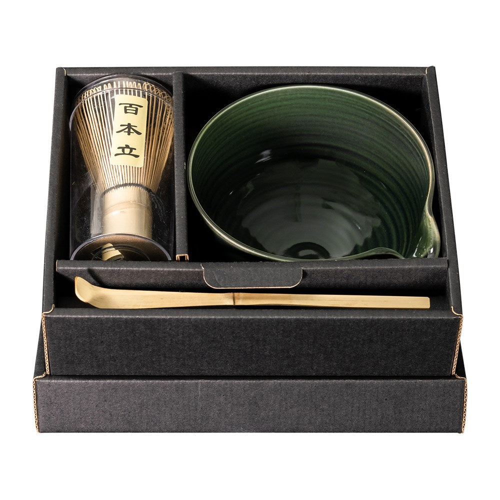 Omotenashi Olive Green Yukiagari Spout Matcha Bowl With Whisk Gift Set