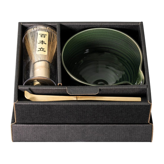 Omotenashi Olive Green Yukiagari Spout Matcha Bowl With Whisk Gift Set