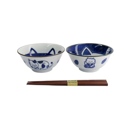 Td Kawaii Cat Neko Bowl 2Pc With Chopsticks Blue Cat Gift Boxed