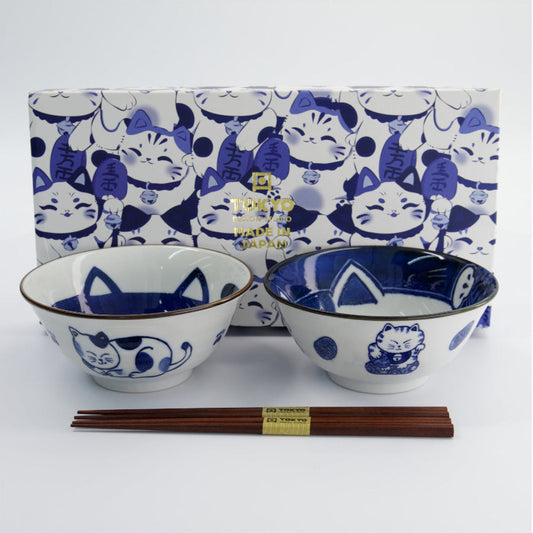 Td Kawaii Cat Neko Bowl 2Pc With Chopsticks Blue Cat Gift Boxed
