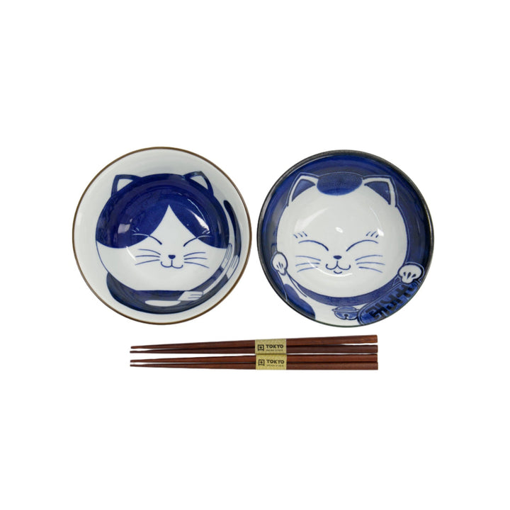 Td Kawaii Cat Neko Bowl 2Pc With Chopsticks Blue Cat Gift Boxed