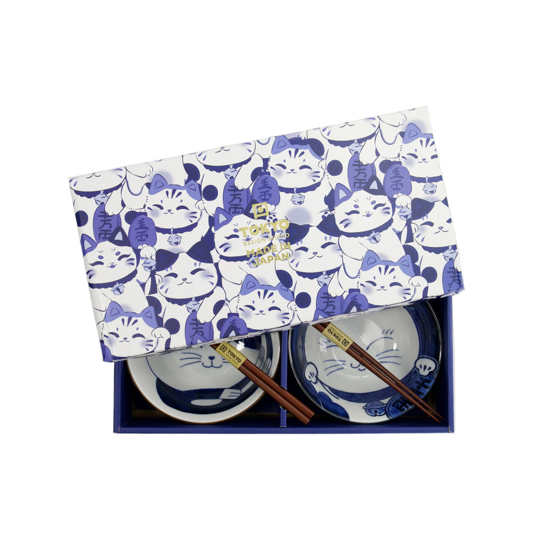 Td Kawaii Cat Neko Bowl 2Pc With Chopsticks Blue Cat Gift Boxed