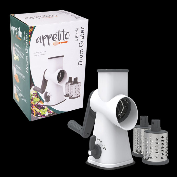 Appetito 3 Blade Drum Grater W/ Lockable Suction Base (White/Grey)