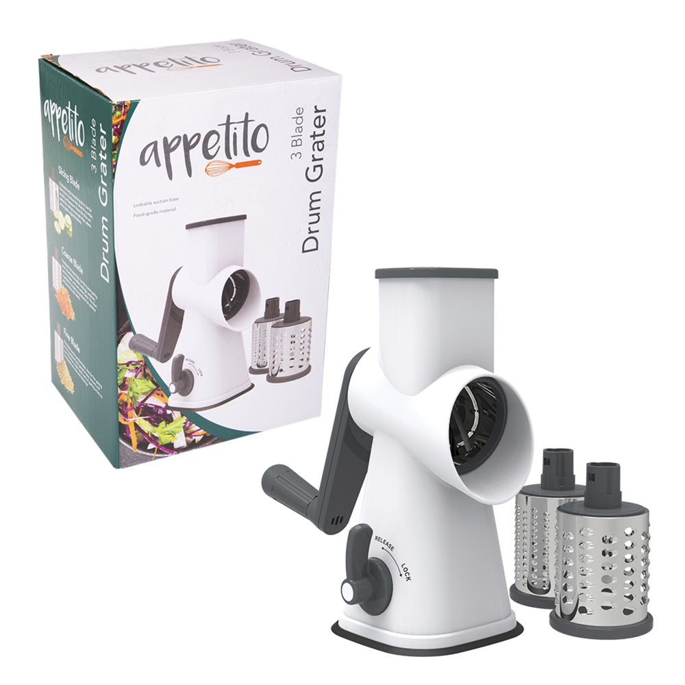 Appetito 3 Blade Drum Grater W/ Lockable Suction Base (White/Grey)