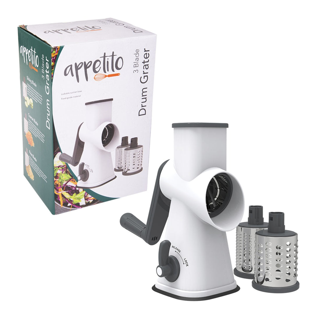 Appetito 3 Blade Drum Grater W/ Lockable Suction Base (White/Grey)