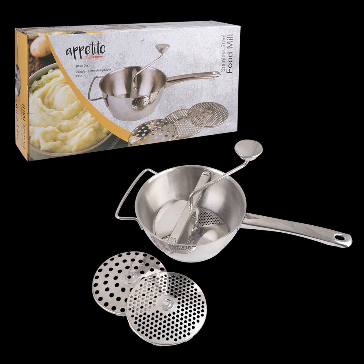 S/s Food Mill W/ 3 Discs 20cm Dia.