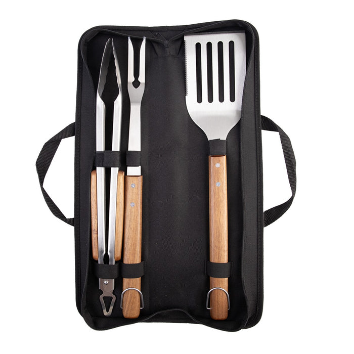 Urban Grill 3 Piece Bbq Tool Set - Acacia Handles And Carry Case