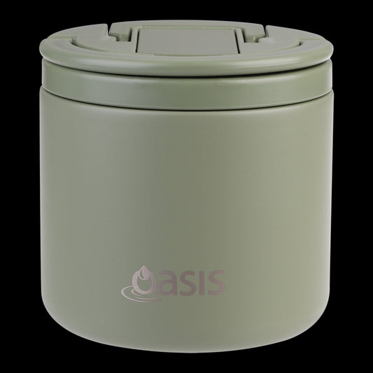 Oasis S/s Double Wall Ins. Food Flask W/ Quick Release Lid & Spork 550ml (olive Green)