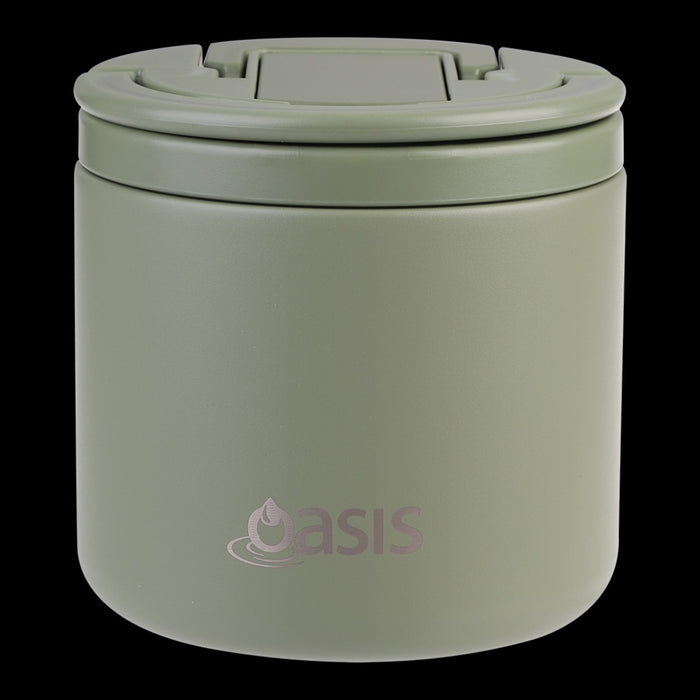 Oasis S/s Double Wall Ins. Food Flask W/ Quick Release Lid & Spork 550ml (olive Green)