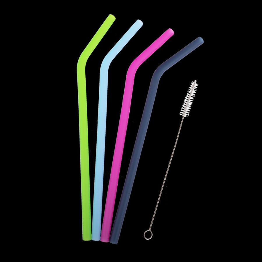 Appetito Silicone Bent Reusable Drinking Straw Set Of 4 W/ Brush Food Grade