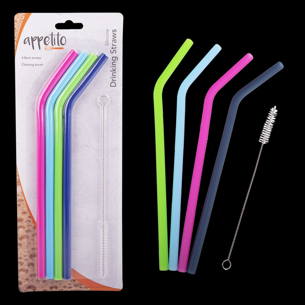 Appetito Silicone Bent Reusable Drinking Straw Set Of 4 W/ Brush Food Grade