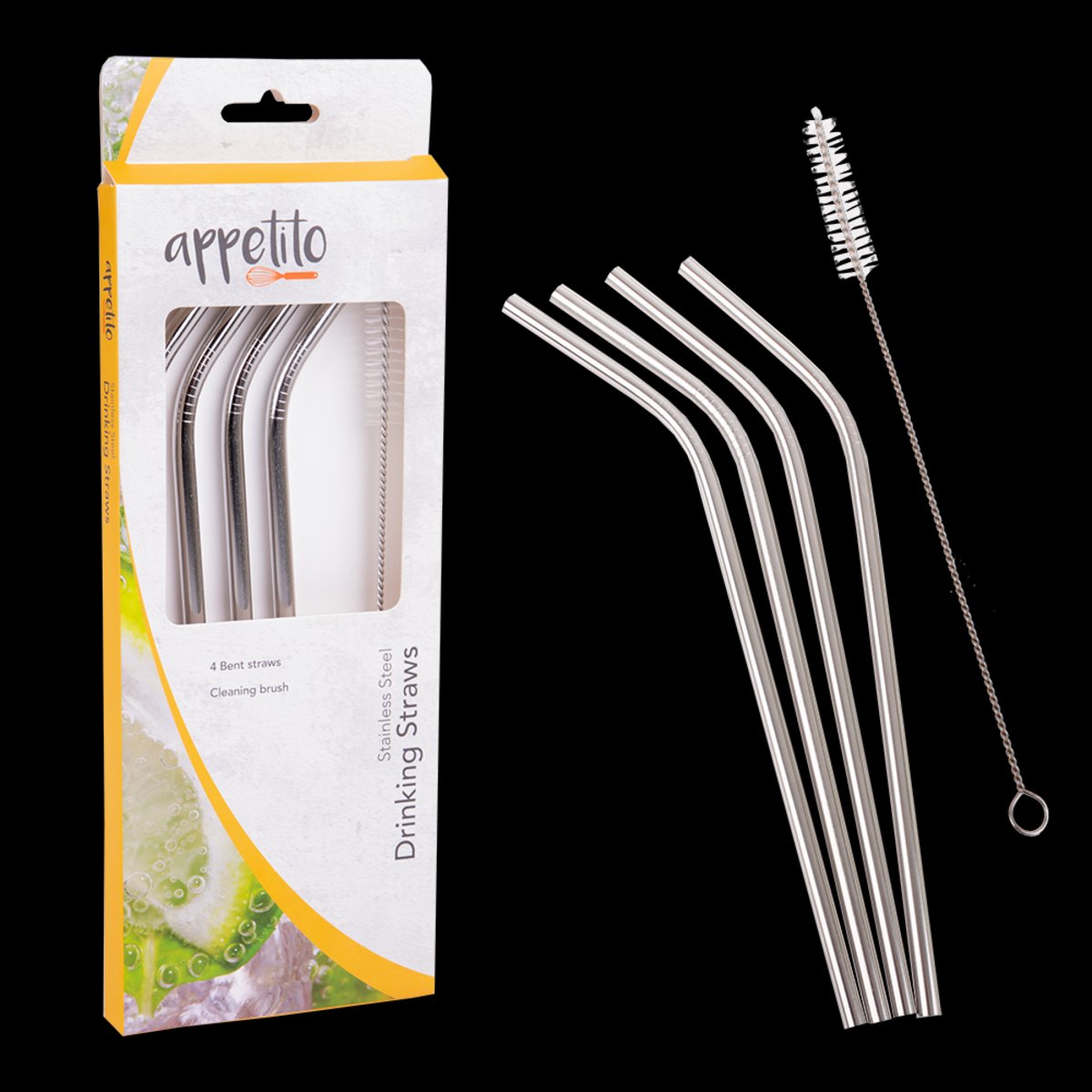 S/s Straws Set 4 Bent W/clean Brush