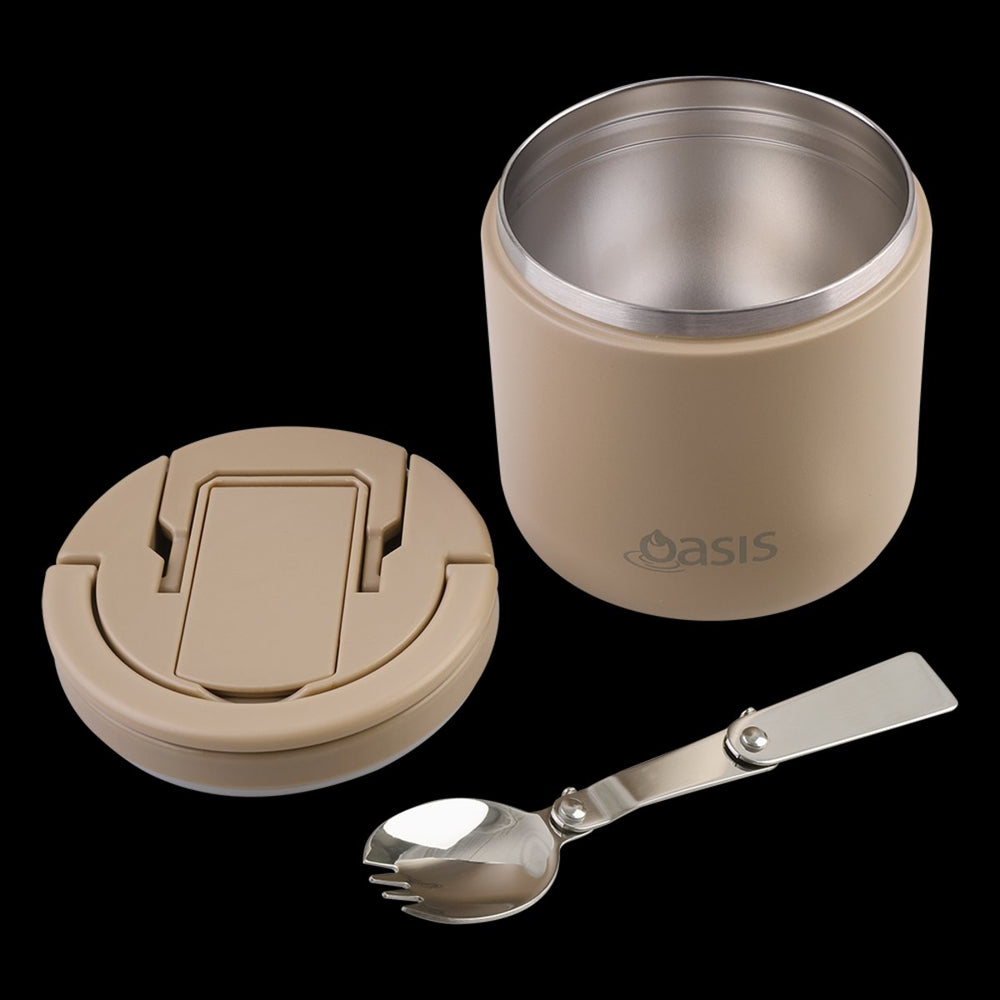 Oasis S/s Double Wall Ins. Food Flask W/ Quick Release Lid & Spork 550ml (latte)