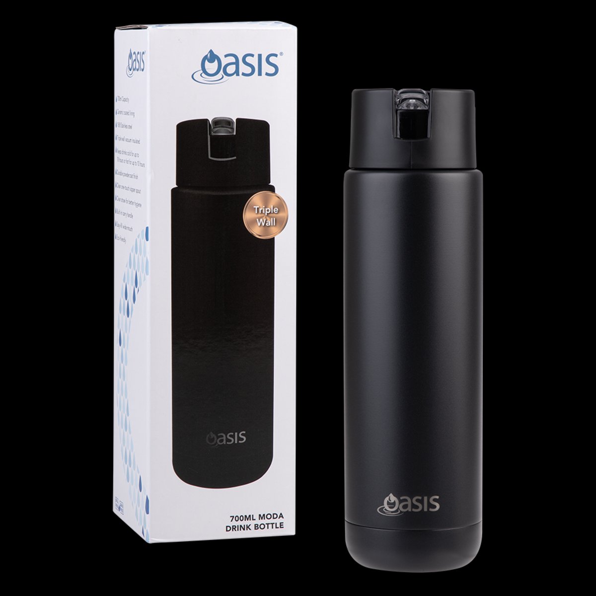 Oasis Ceramic Lined S/S Triple Wall Insulated "Moda" Drink Bottle 700Ml (Black)