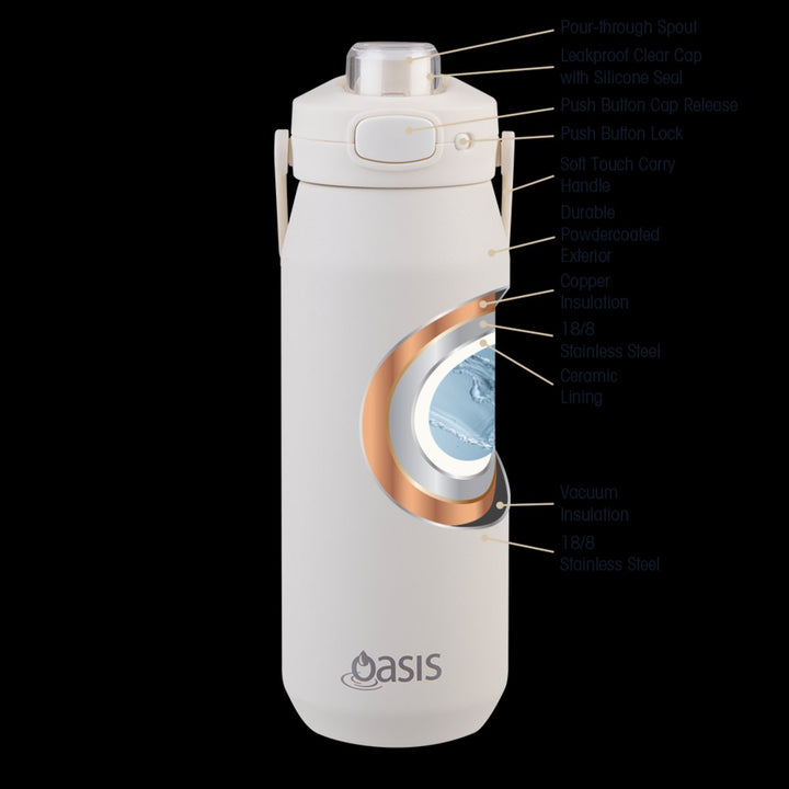 Oasis Ceramic Lined S/s Triple Wall Insulated "capri" Drink Bottle W/ Quick Release Lid 750ml (alabaster)