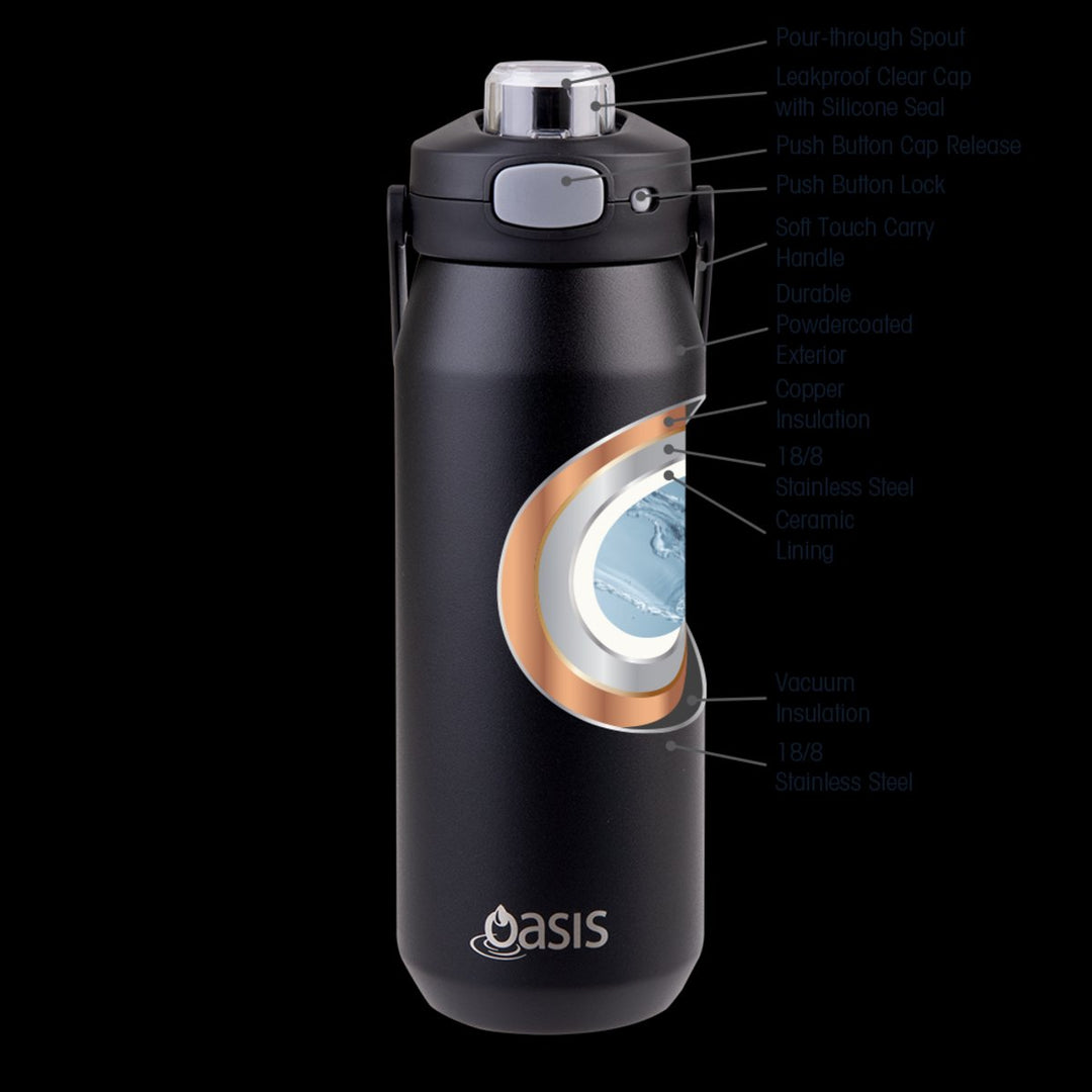 Oasis Ceramic Lined S/s Triple Wall Insulated "capri" Drink Bottle W/ Quick Release Lid 750ml Black
