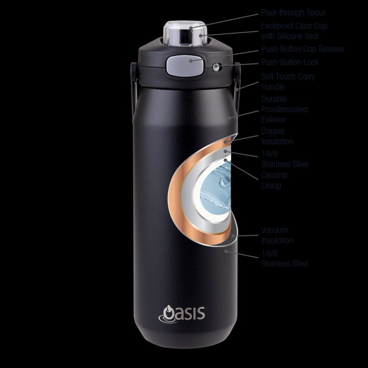 Oasis Ceramic Lined S/s Triple Wall Insulated "capri" Drink Bottle W/ Quick Release Lid 750ml Black