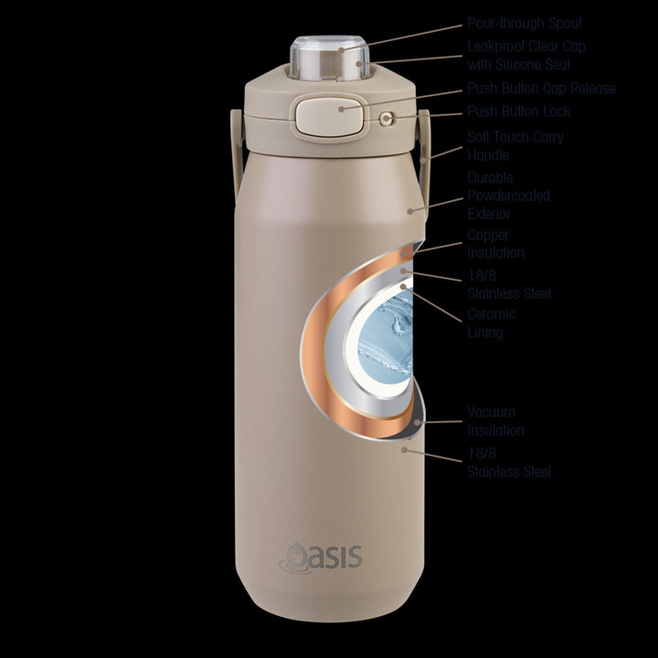 Oasis Ceramic Lined S/s Triple Wall Insulated "capri" Drink Bottle W/ Quick Release Lid 750ml Latte