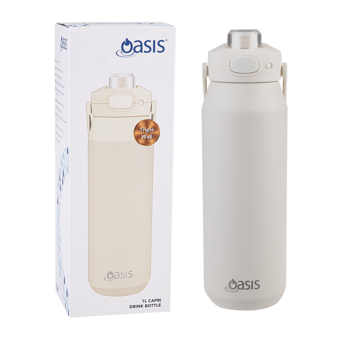 Oasis Ceramic Lined S/S Triple Wall Insulated "Capri" Drink Bottle W/ Quick Release Lid 1L ALABASTER