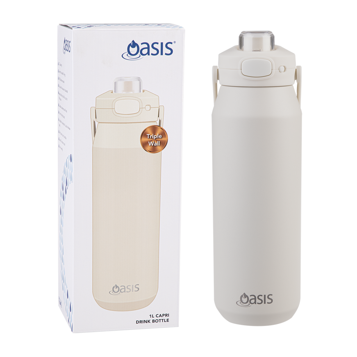 Oasis Ceramic Lined S/S Triple Wall Insulated "Capri" Drink Bottle W/ Quick Release Lid 1L ALABASTER
