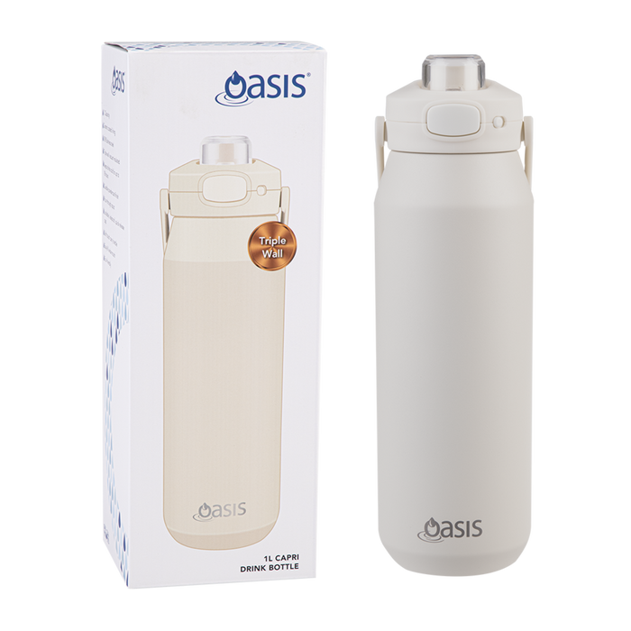 Oasis Ceramic Lined S/S Triple Wall Insulated "Capri" Drink Bottle W/ Quick Release Lid 1L ALABASTER