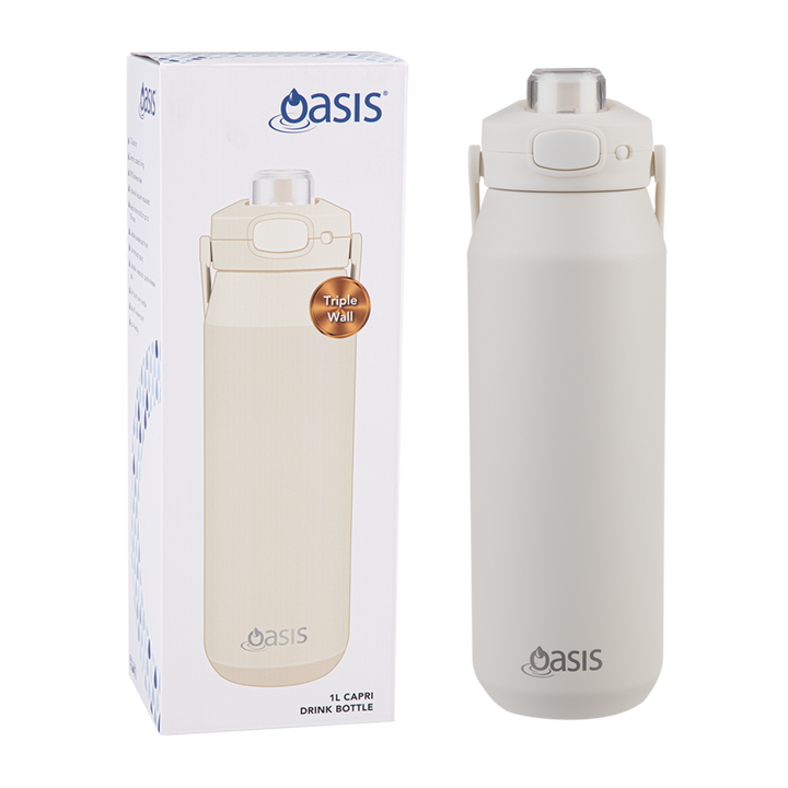 Oasis Ceramic Lined S/S Triple Wall Insulated "Capri" Drink Bottle W/ Quick Release Lid 1L ALABASTER