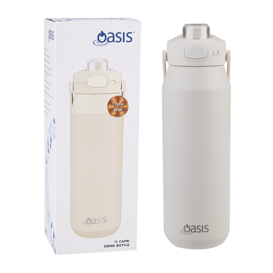 Oasis Ceramic Lined S/S Triple Wall Insulated "Capri" Drink Bottle W/ Quick Release Lid 1L ALABASTER