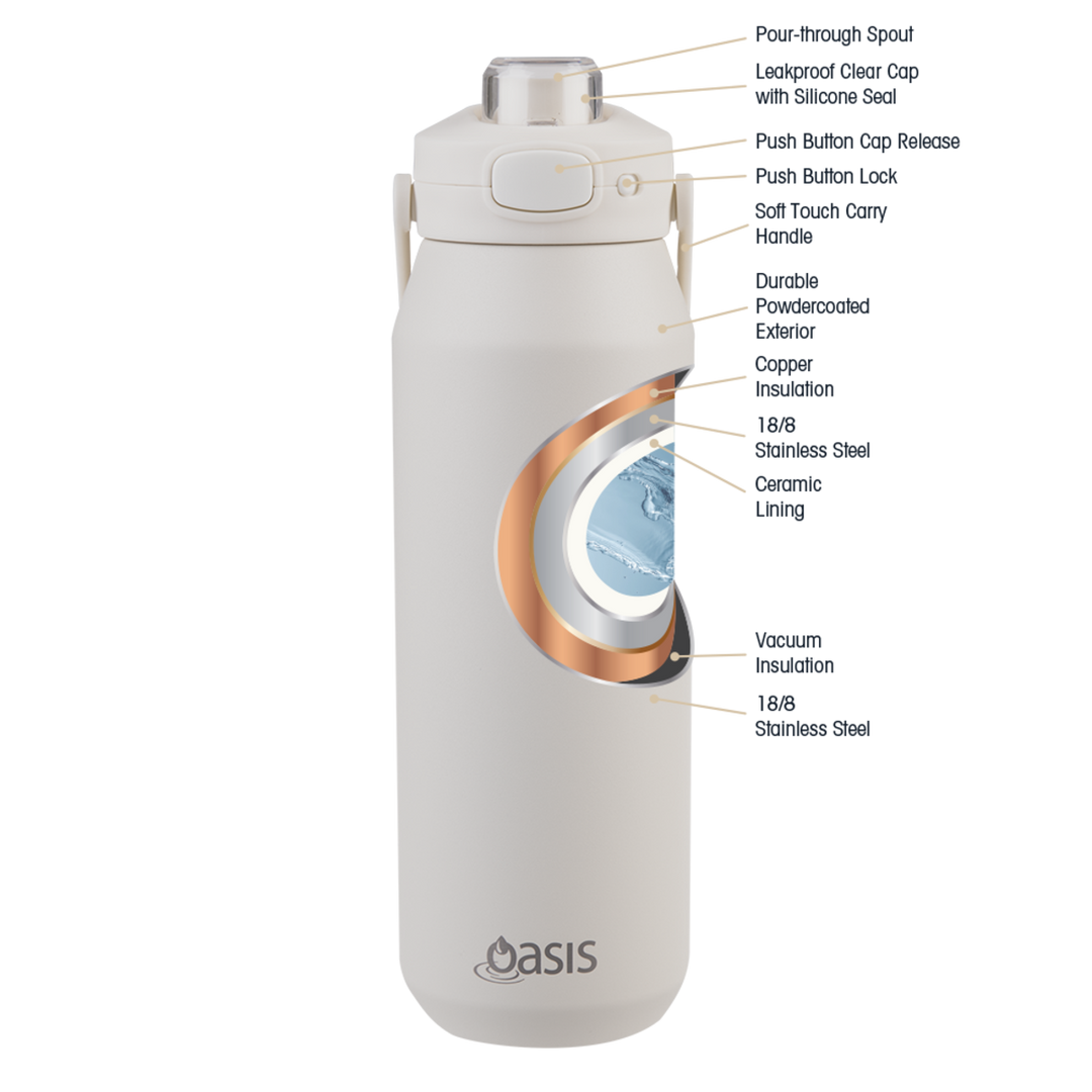 Oasis Ceramic Lined S/S Triple Wall Insulated "Capri" Drink Bottle W/ Quick Release Lid 1L ALABASTER