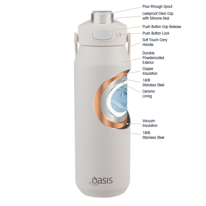 Oasis Ceramic Lined S/S Triple Wall Insulated "Capri" Drink Bottle W/ Quick Release Lid 1L ALABASTER