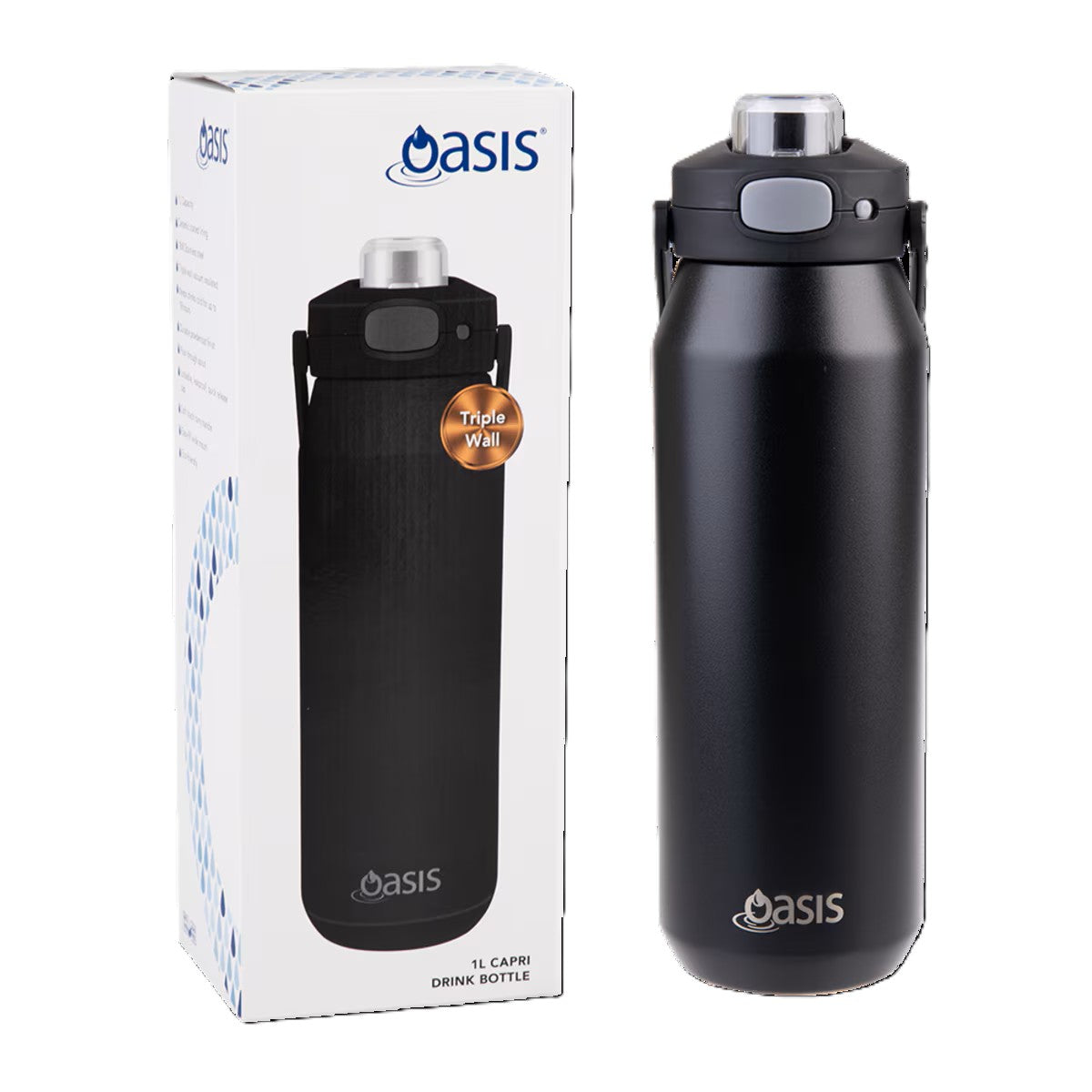 Oasis Capri Stainless Steel Ceramic Lined Insulated Drink Bottle 1L - Black