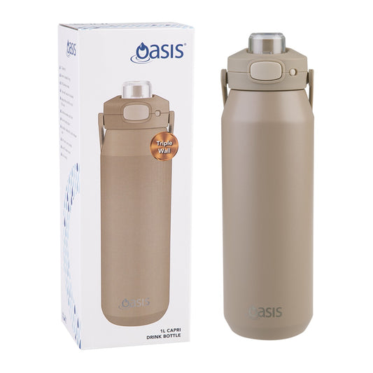 Oasis Ceramic Lined S/S Triple Wall Insulated "Capri" Drink Bottle W/ Quick Release Lid 1L Latte