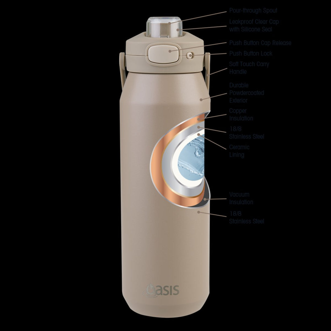 Oasis Ceramic Lined S/S Triple Wall Insulated "Capri" Drink Bottle W/ Quick Release Lid 1L Latte