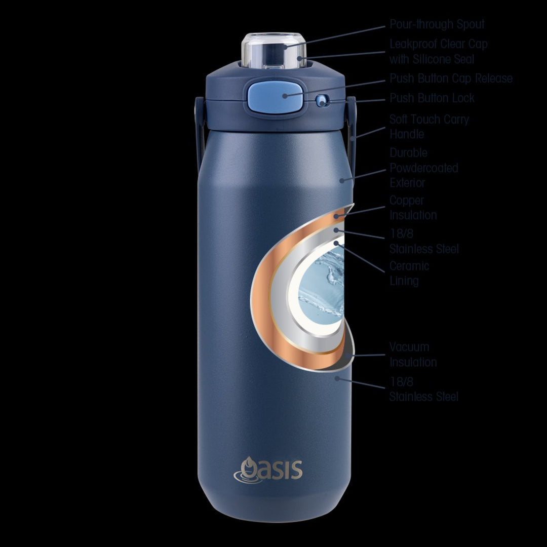 Oasis Ceramic Lined S/S Triple Wall Insulated "Capri" Drink Bottle W/ Quick Release Lid 750Ml Indigo