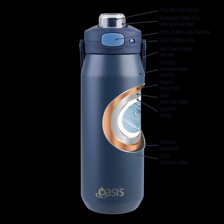 Oasis Ceramic Lined S/S Triple Wall Insulated "Capri" Drink Bottle W/ Quick Release Lid 750Ml Indigo