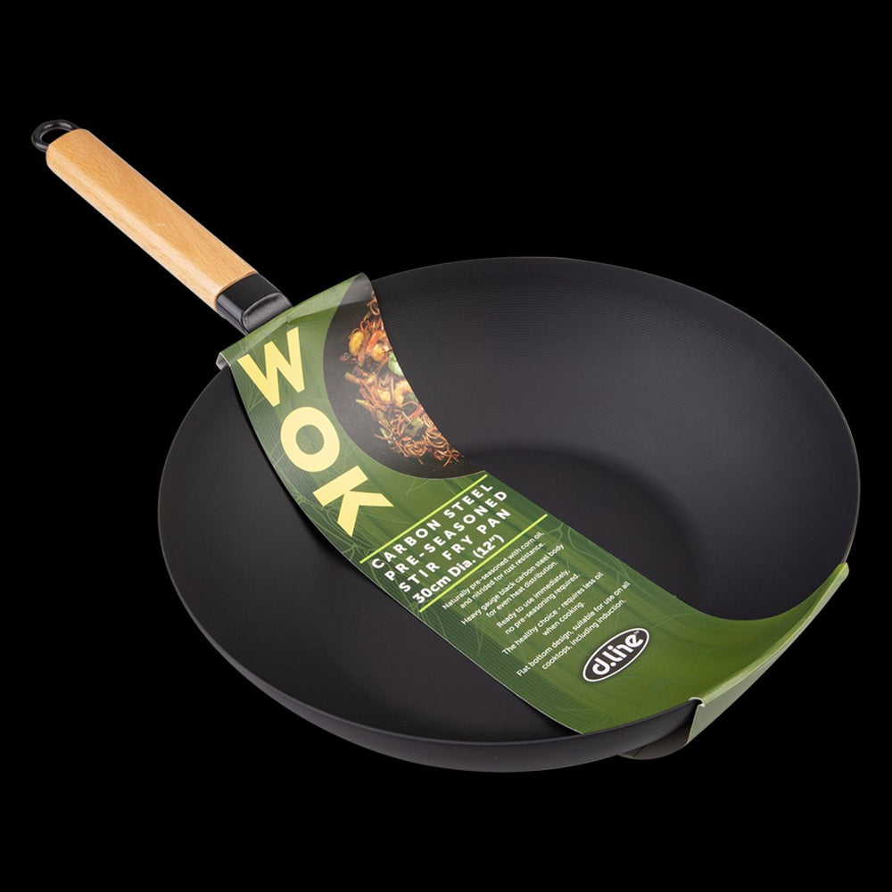 Black Carbon Steel Pre-Seasoned Stir Fry Pan 30Cm Dia. W/ Beechwood Handle Dline