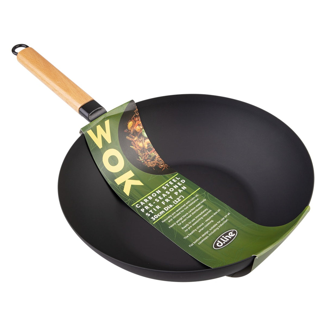 Black Carbon Steel Pre-Seasoned Stir Fry Pan 30Cm Dia. W/ Beechwood Handle Dline