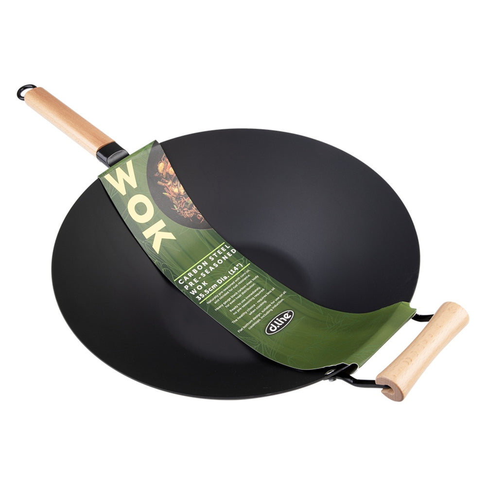 Black Carbon Steel Pre-Seasoned Stir Fry Pan 35.5Cm Dia. W/ Beechwood Handle Dline