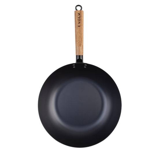 Evolv Pre-Seasoned Carbon Steel Stir Fry Pan -Wok - 30Cm With Acacia Wood Handle