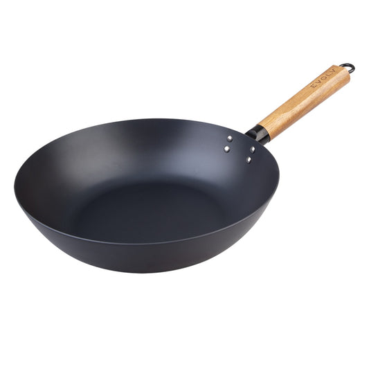 Evolv Pre-Seasoned Carbon Steel Stir Fry Pan -Wok - 30Cm With Acacia Wood Handle