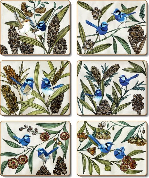 Cinnamon Blue Wren Coasters Set Of 6
