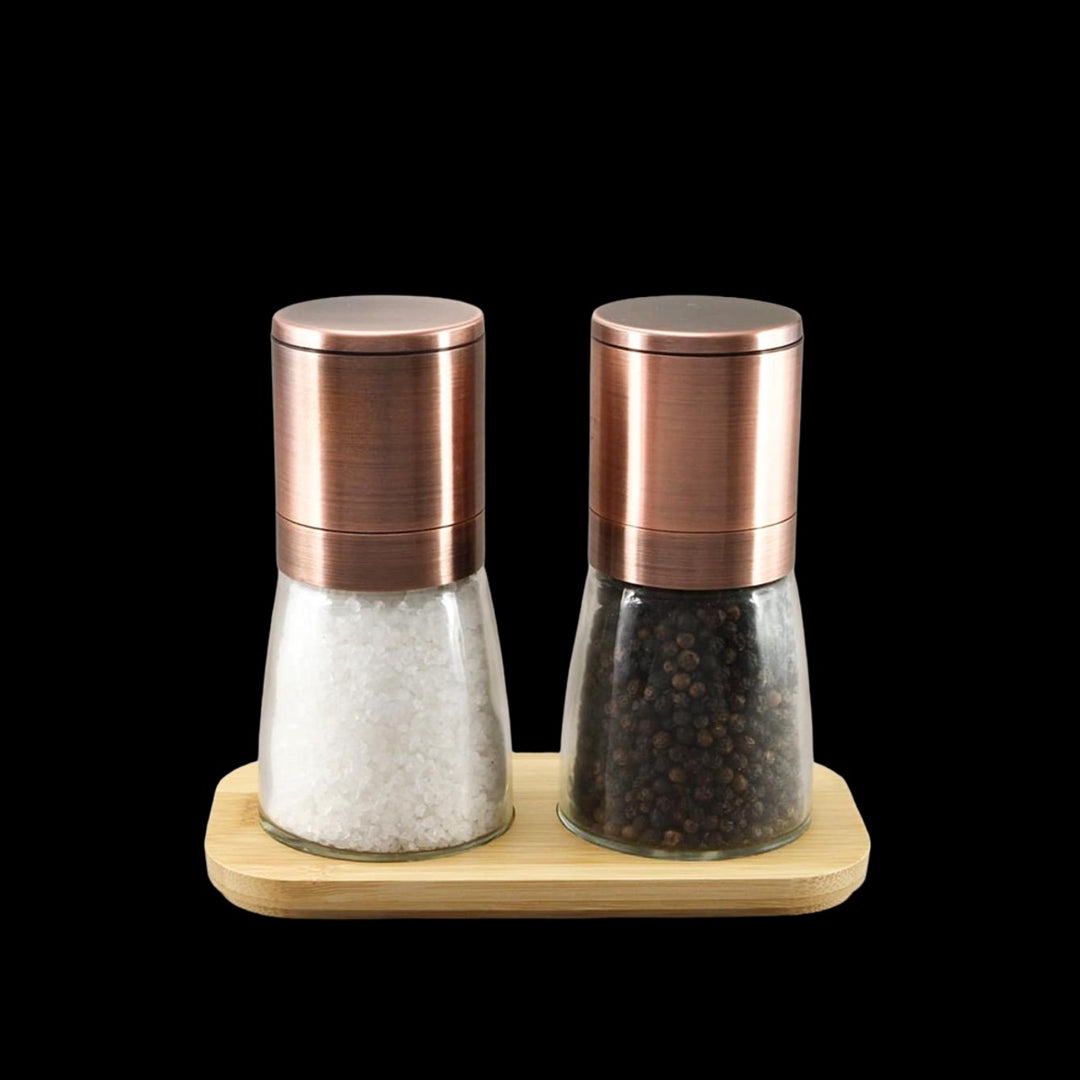 Oasis Upside-down Mill - Gift Box Set | Copper top Glass Jar - 13.5cm - Black Pepper (65g) & Australian Salt (160g) Bamboo Tray